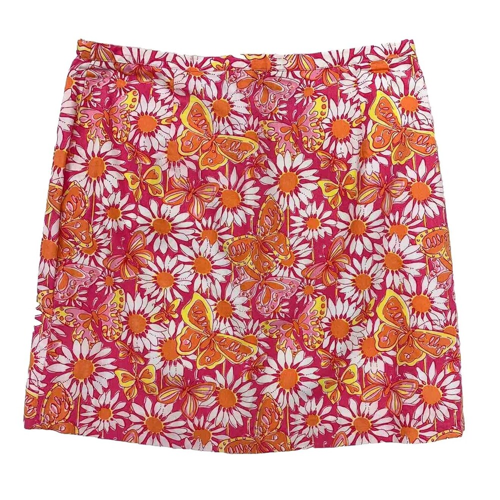 Y2K Lilly Pulitzer Socialite Butterfly Mini Skirt Sz 10 26" W Pink Orange Daisy